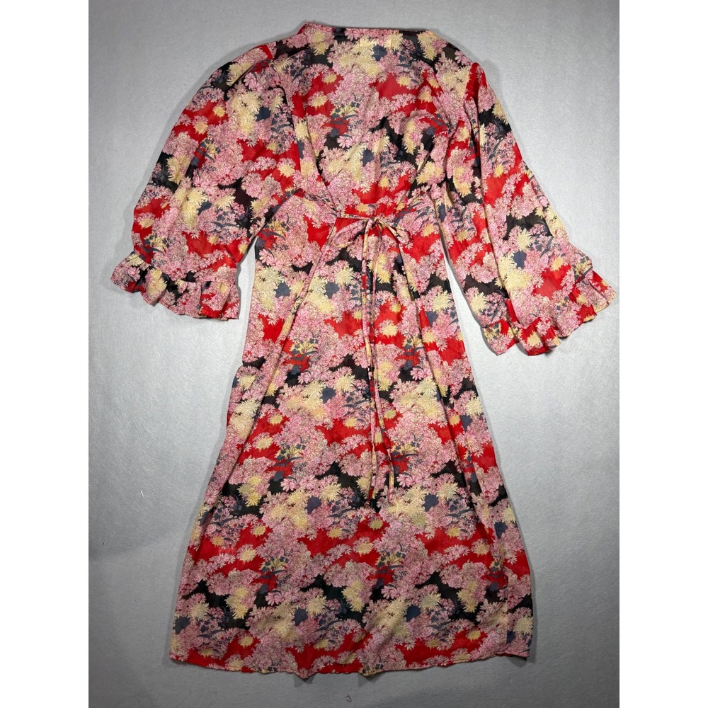 Sheer Whimsy Fairy Boho Feminine Floral Duster Red Pink Ruffle Sleeve S/M - Picture 9 of 16